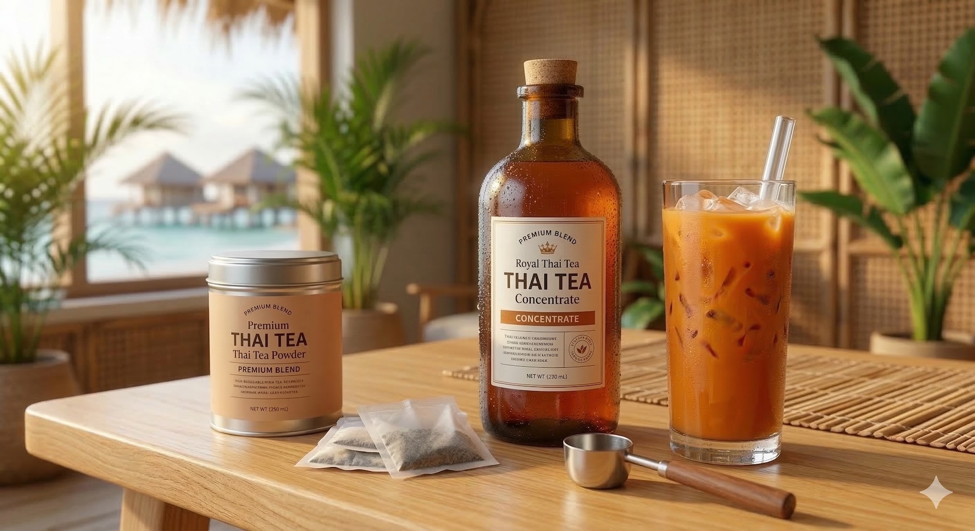 Thai tea mix products: powder, bags, and concentrate
