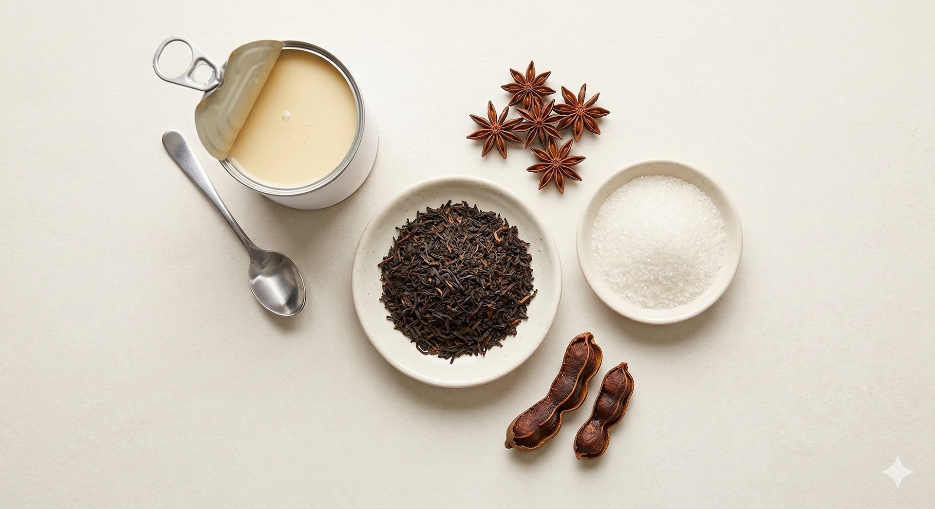 Thai tea ingredients: black tea, star anise, tamarind, condensed milk