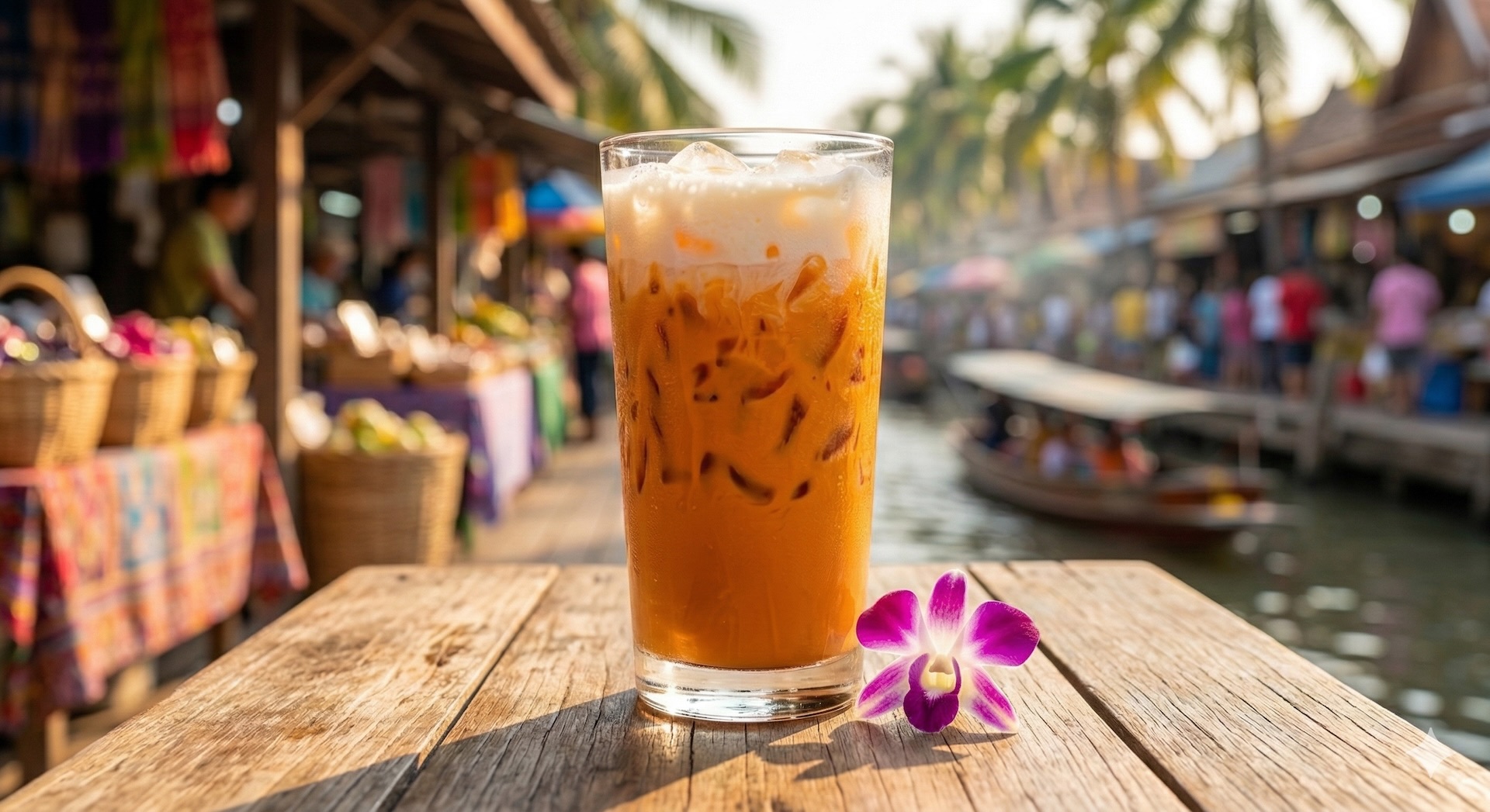 Glass of Thai iced tea with cream and ice