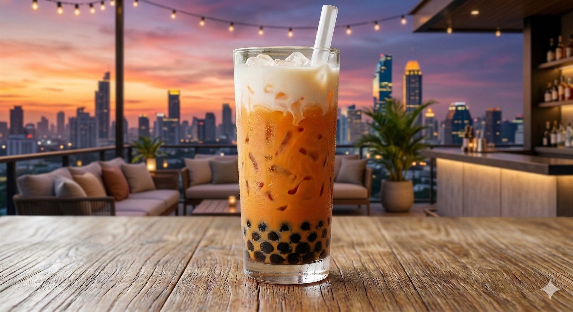 Glass of Thai iced tea boba with tapioca pearls and cream