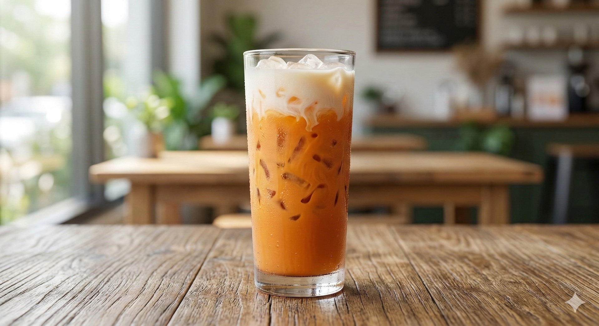 Glass of classic Thai iced tea with condensed milk and ice