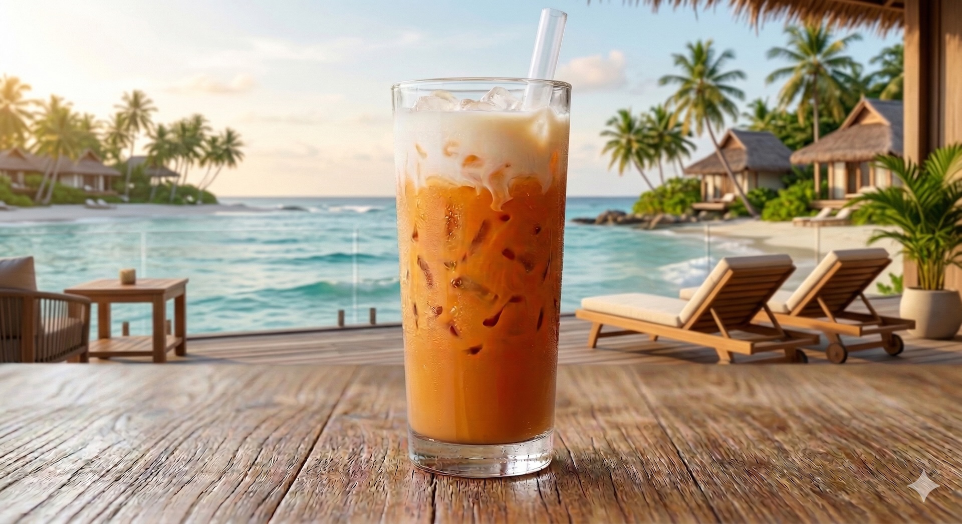 Glass of vegan dairy-free Thai iced tea with plant milk and ice